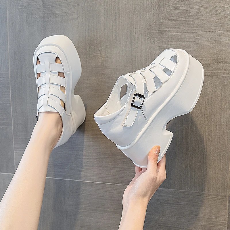 AIYUQI Sandals Women Platform Summer Genuine Leather High Heels Openwork Fashion Sandals Women