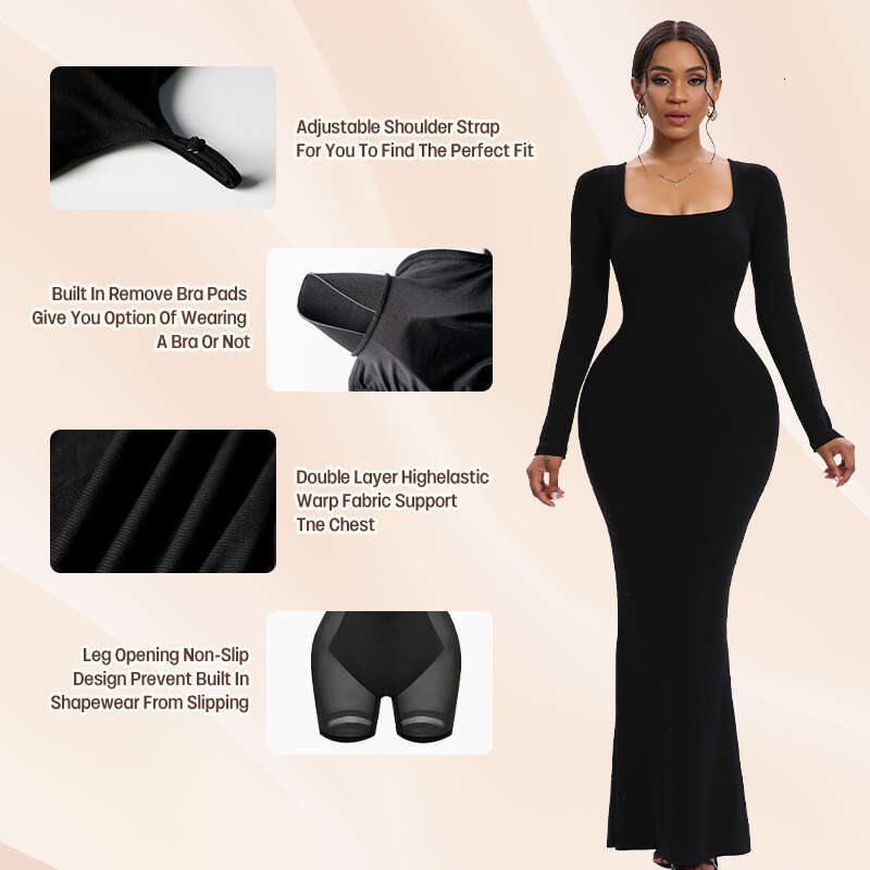 Women Long Sleeve Maxi Shapewear Slips Dress Slimming Waist Hip Enhancer Body Shaper With Built In Bra