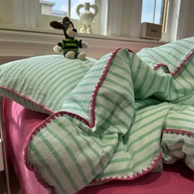 100% Cotton Pink Bedding Set Nordic Chic Duvet Cover Flat Sheet Pillowcase Soft Comforter Cover Bed Linen Boy Girl Home Textiles BRT0734