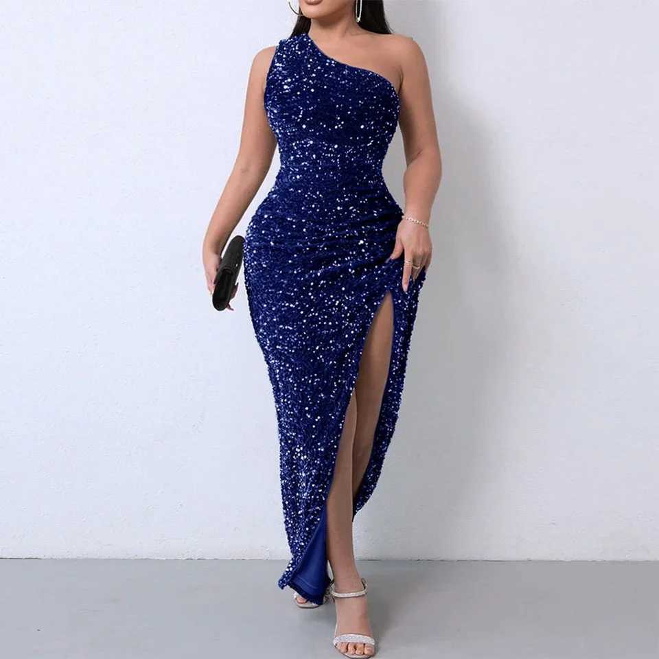 Single Shoulder Velvet Bodycon Womens Dress Glitter Slim Sequin Female It Formal Dresses Party Evening Prom Gala Dresses W241218