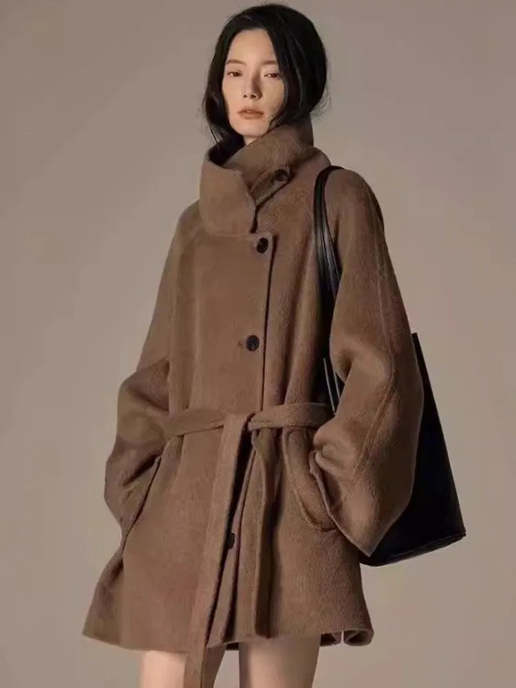 DFDG Autumn And Winter Mid To Long Waistband Single Breasted Stand Up Collar Cashmere Woolen Coat For Women 241217