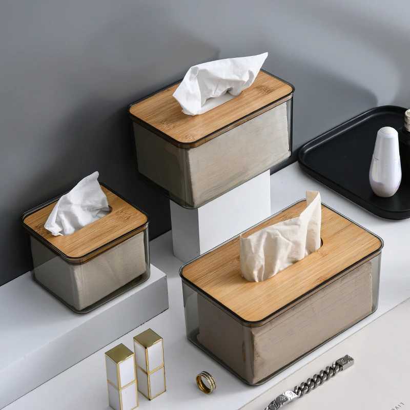 Nordic Minimalist Wooden Tissue Box Holder Organizer Modern Desktop Transparent Rectangular Bamboo Facial Tissue Dispenser Y241218