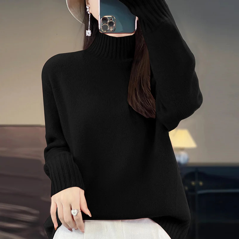 Women Fine Wool Sweater Half-high Collar Thickening Pullover Autumn Winter Cashmere Bottoming Knitwear Long Sleeve Loose Tops 241217