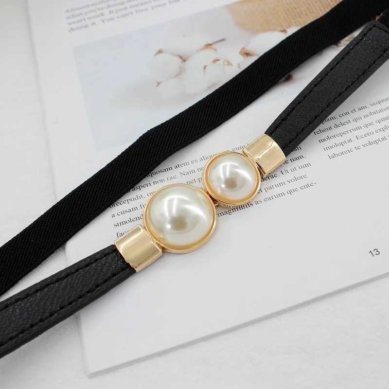 Fashion Double Pearl PU Leather Dress Tight Waist Elastic Thin Belt Womens Fashion Accessories W250326