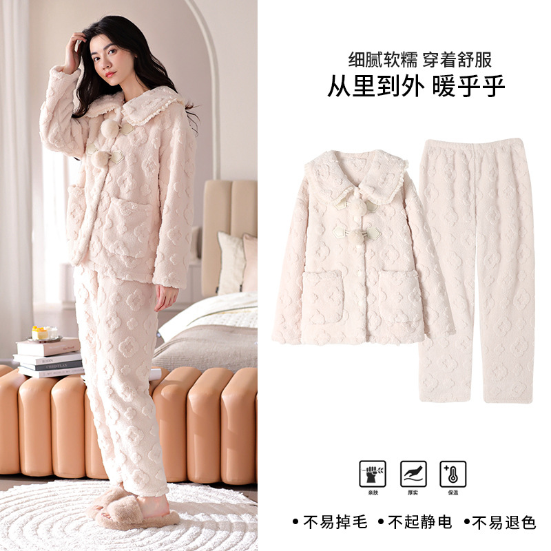 B17-New winter pajamas women's coral fleece long sleeves thickened plush warm simple cute home clothes two-piece suit female