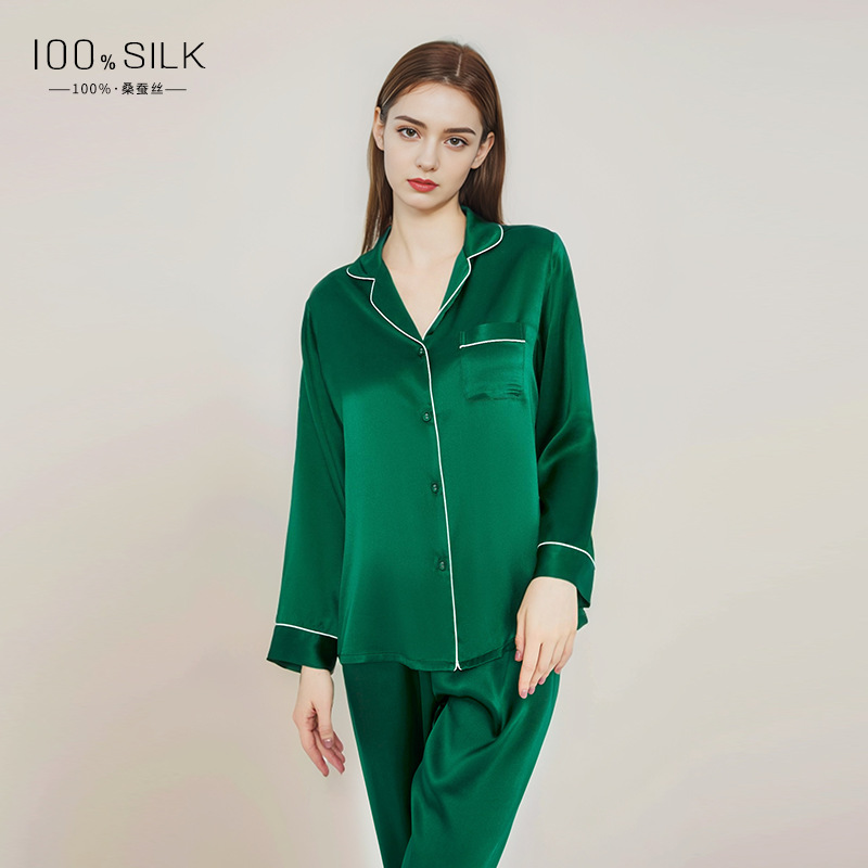 B216-European and American large size spring and autumn silk pajamas ladies summer new long sleeve trousers 100% mulberry silk home clothes suit