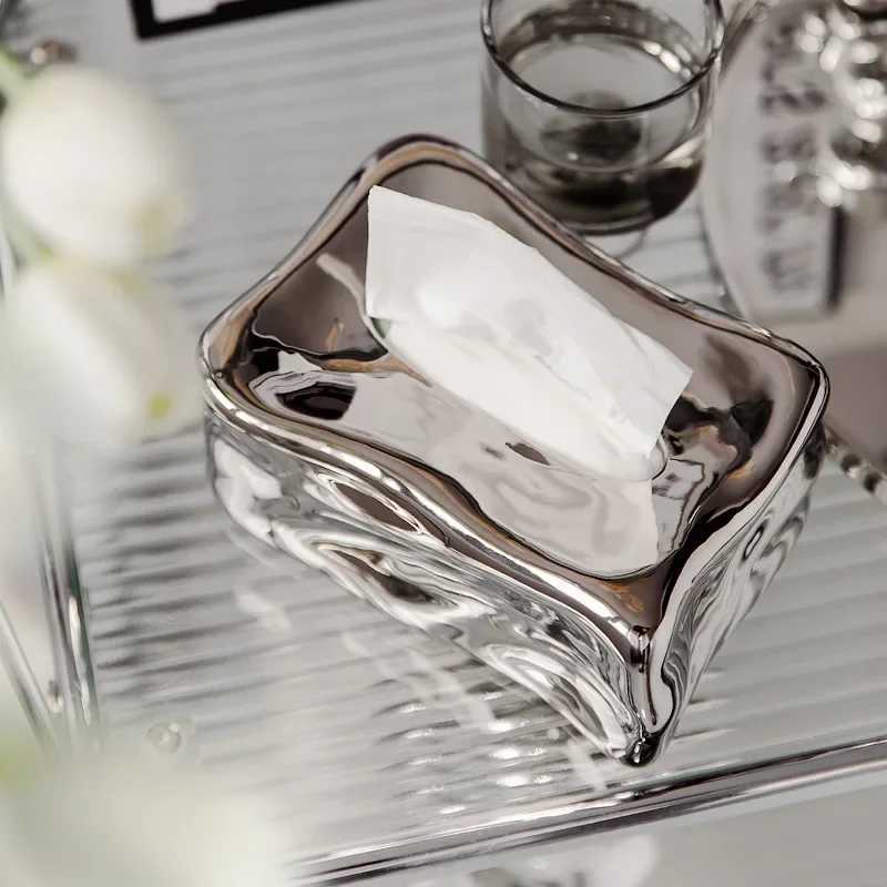 Nordic Luxury Ceramic Tissue Box Cube Design High-end Plated Metal Tissue Holder Ins Tea Table Storage Decorative Ornament Y241218