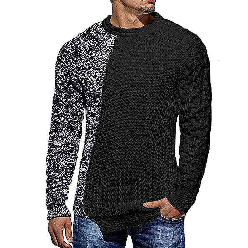 European American Color Blocked Autumn And Winter Round Neck Long Sleeved Knitted Slim Fit Sweater Muscle Men's Fashion Quality Classic