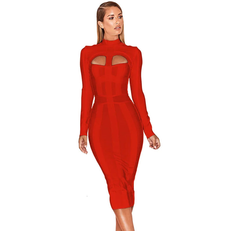 HQBORY Winter Long Sleeves sexy Hollow Out Knitted Bandage Dress midlength Women Hole Cut Black Bodycon Vestidos Red XL 241218