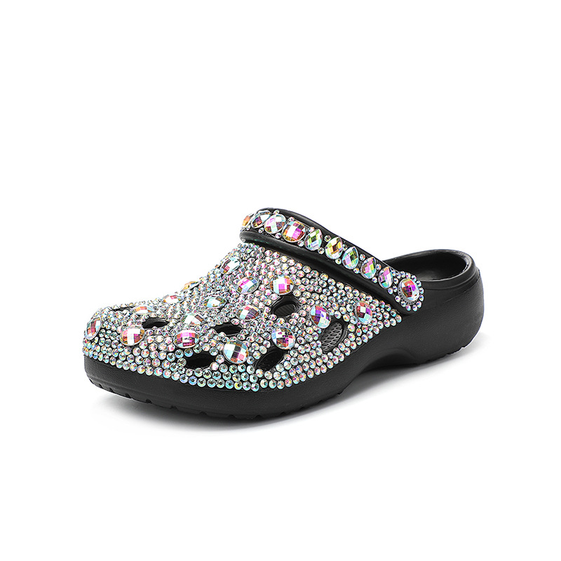 New Thick-soled Rhinestone Hole Shoes Handmade Diamond-encrusted Casual Sandals Outdoor Slippers Two Wear For 2025 Spring Summer