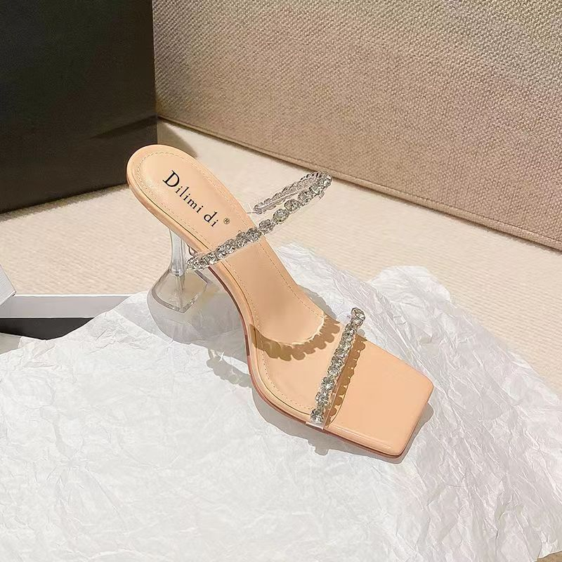 free shipping designer shoes Summer new rhinestone one-piece high-heeled sandals for women black