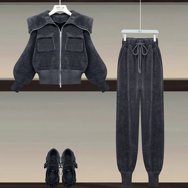 Corduroy set womens spring/summer polo neck ultra-thin jacket high waisted casual pants two-piece set womens clothing 241217