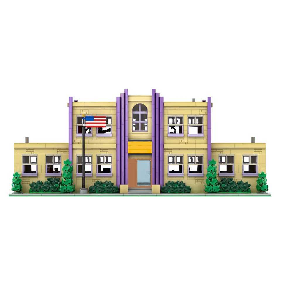 Free shipping MOC Simpsinged Anime Modular City Street View Springfield Elementary School Building Blocks Model Moes Tavern Bricks Kids Toys