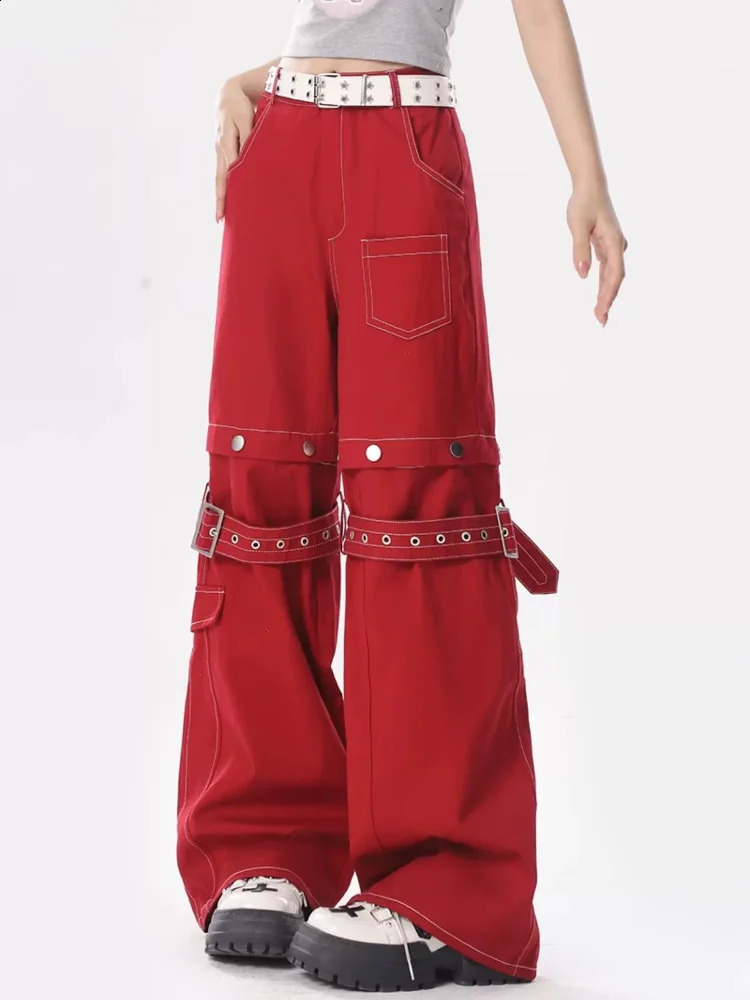 Adagirl red bagged womens cargo pants Y2k hip-hop retro goth hippie detachable wide leg jeans 241217