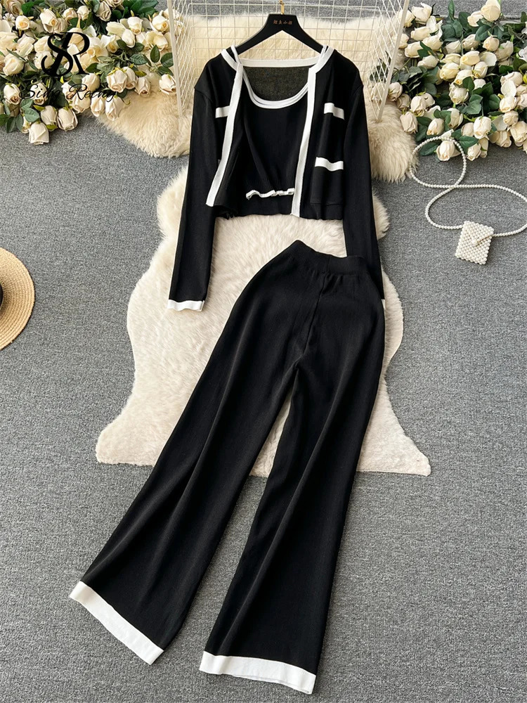 SINGREINY Autumn Knitted Three Pieces Sets Slim Tank TopLong Sleeves Short CardiganElastic Long Pants Fashion Sweater Set 241217