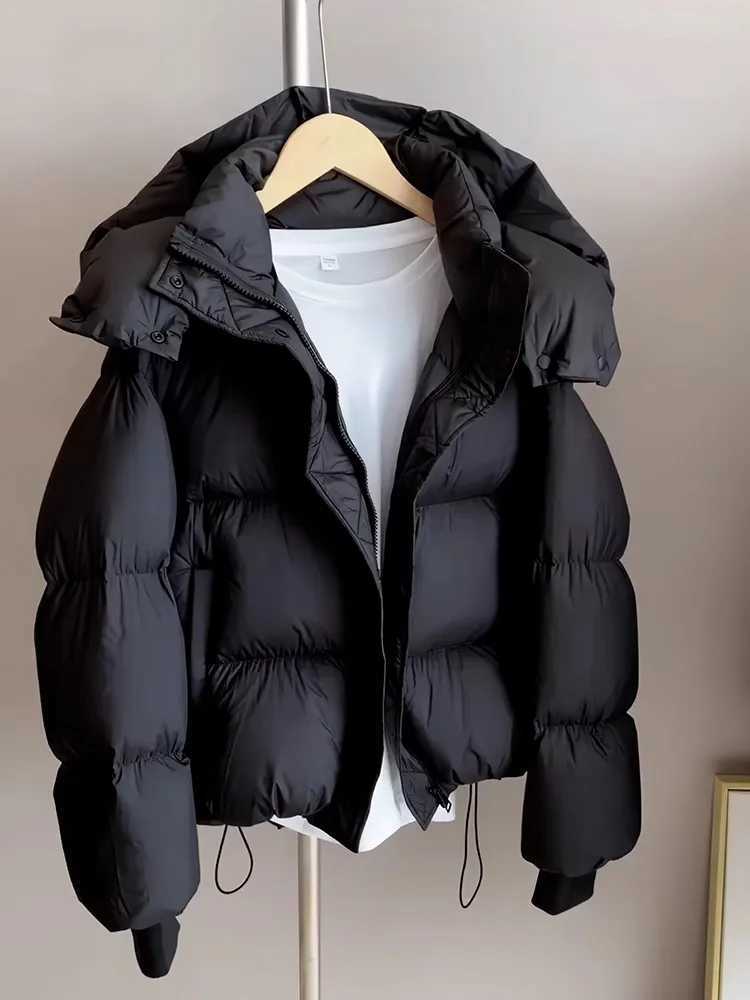 Womens down cotton jacket autumn and winter loose zipper long sleeved hooded cotton jacket womens warm short top M241218