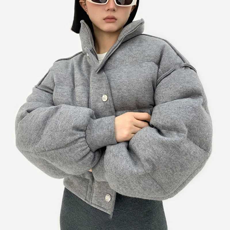 Winter Warm Grey Cotton Lined Coat Thick Short Pakas Womens Fluffy Warm Coat Winter Jacket Womens M241218