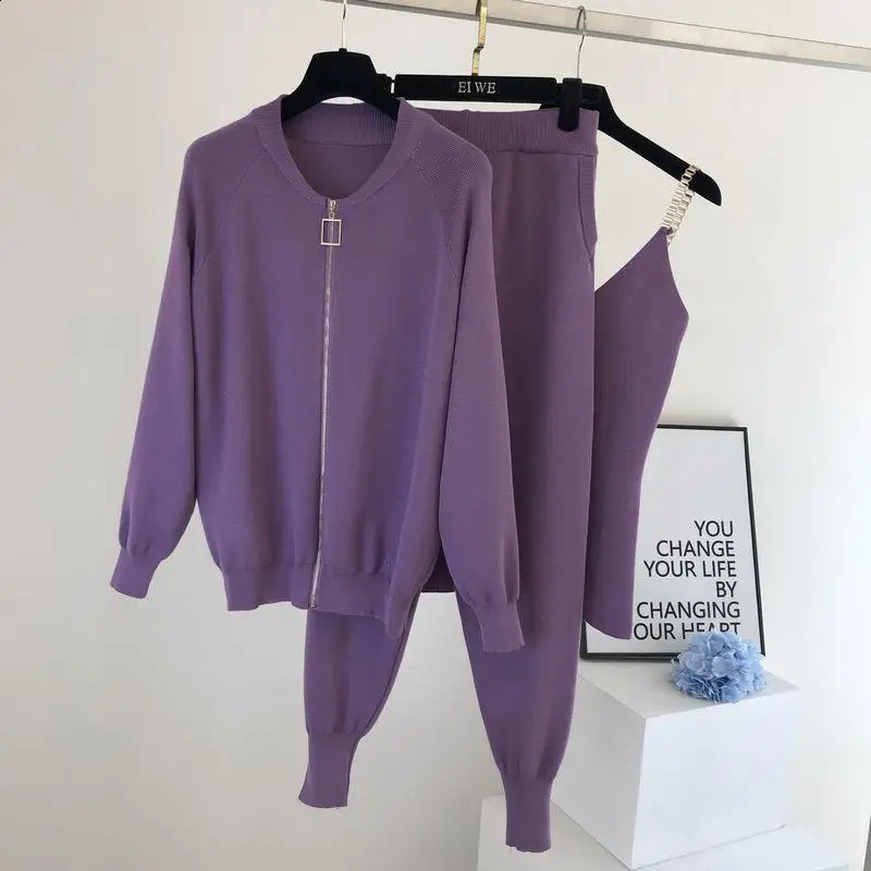 Womens Zipper Knitted Open Fleece SweaterPants SetVest Womens Fashion Jumper Trouser 3-Piece Clothing Set 241217