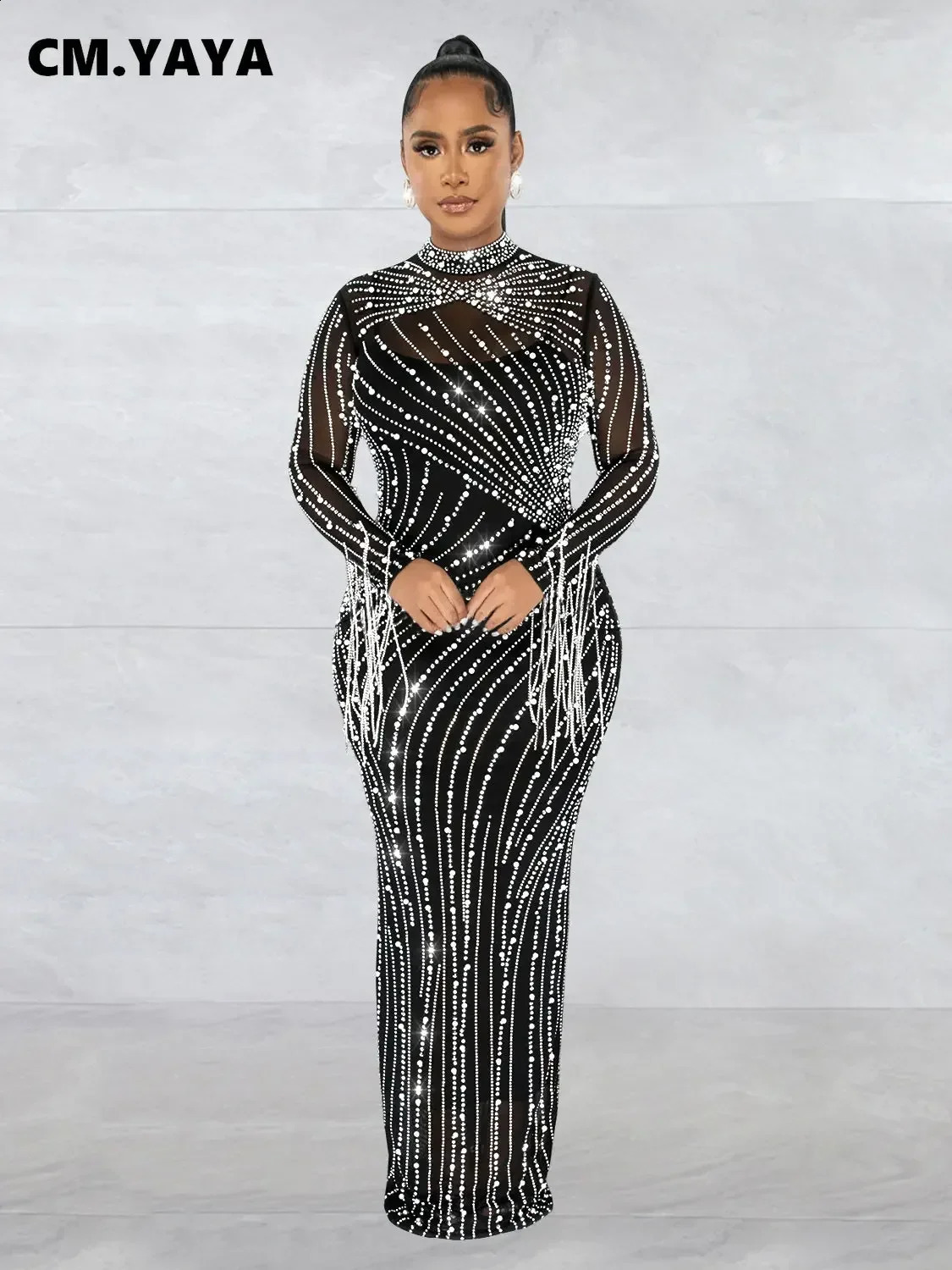 CM.YAYA Women Mesh Tassel Long Sleeve Diamonds Rhinestones Bodycon Midi Maxi Long Dress and Tank Inner Dresses 2piece Suit 241216