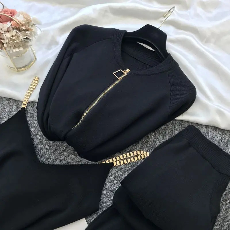 Womens Zipper Knitted Open Fleece SweaterPants SetVest Womens Fashion Jumper Trouser 3-Piece Clothing Set 241217