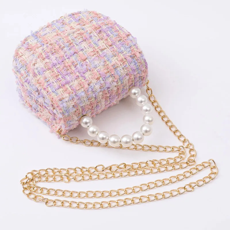 woolen kids small bag shiny pink purses and handbags Pearl handle crossbody bags with and purse for girls 241217