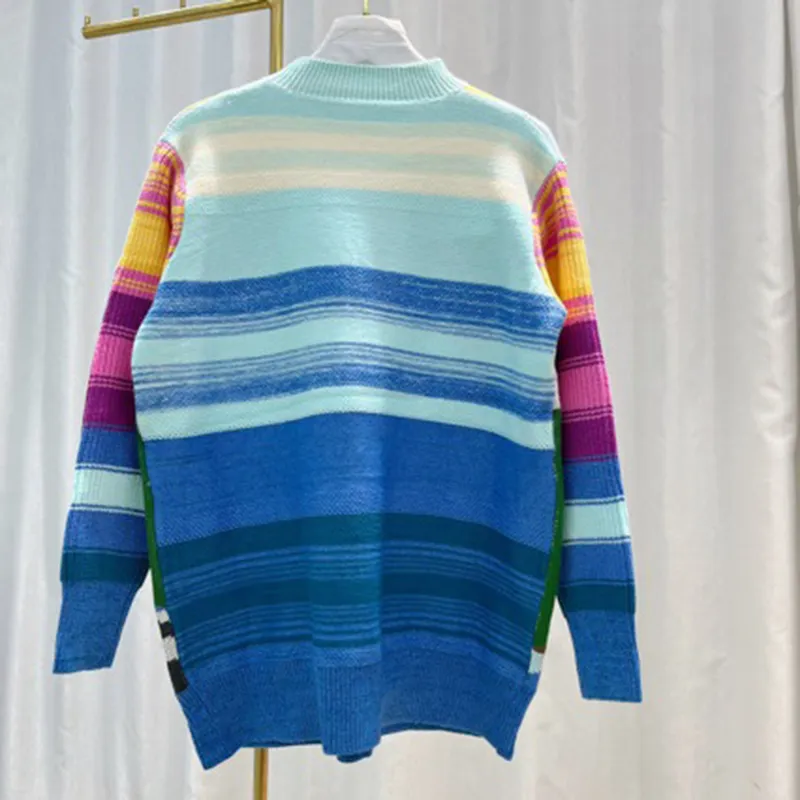Embroidered Rainbow Oversized Knit Sweater for Women Distinctive Style Mid-Length Top Sweater