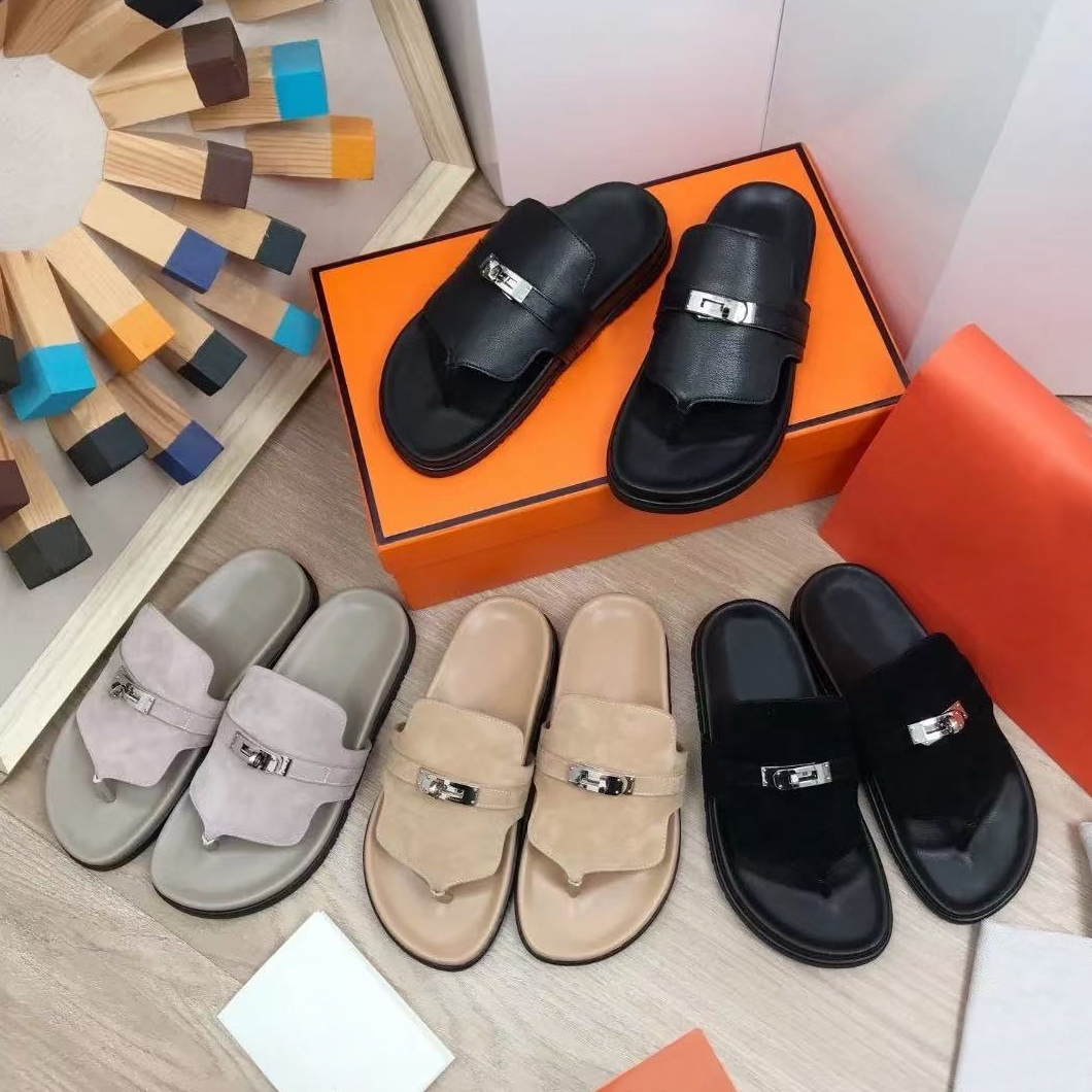 Designer Women flip flops Sandals Slide Men Slippers New Fashion Luxury Genuine Leather Beach Shoes Outdoor Anti Slip Miter Suede Slippers Flat Bottom Rubber Slides
