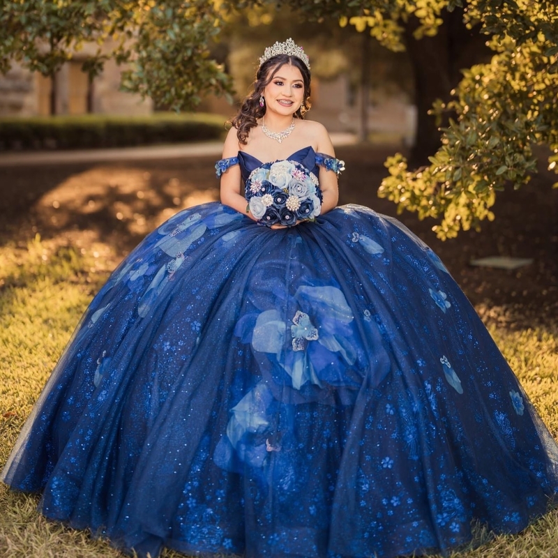 Navy Blue Off The Shoulder Ball Gown Quinceanera Dresses Sequin Applique Beads Sweet 16 Dress Party Birthday Corset Princess Vestidos De 15 Anos