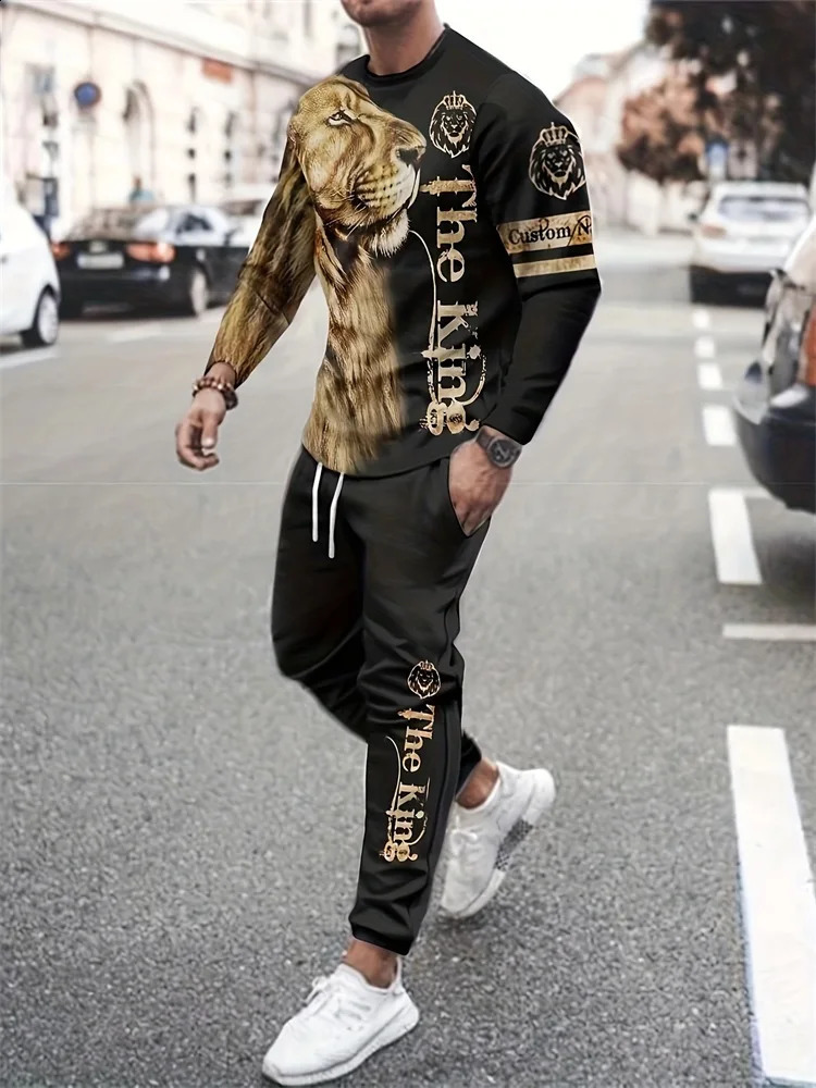 Spring And Autumn Mens Daily Casual Long-sleeved T-shirt Street Fashion Mens Pants Outdoor Sports Men 3D Dragon Print Set 241217