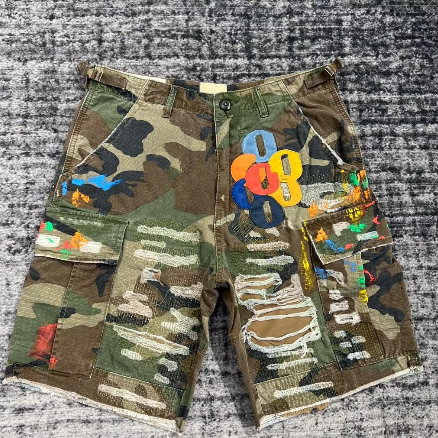 Summer Fashion Camouflage Leather Letter Washed Retro Knee Jeans Men Women Shorts