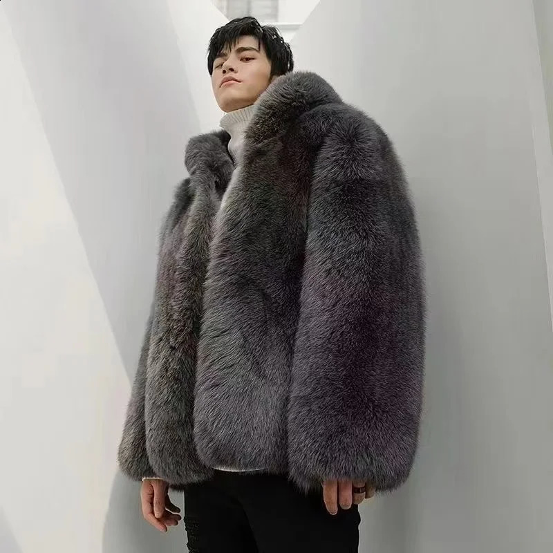 2024 Thick Mens Fur Warm Soft Artificial Plush Hoodie with Hat Fashion Light Top Coat Windshield 241211