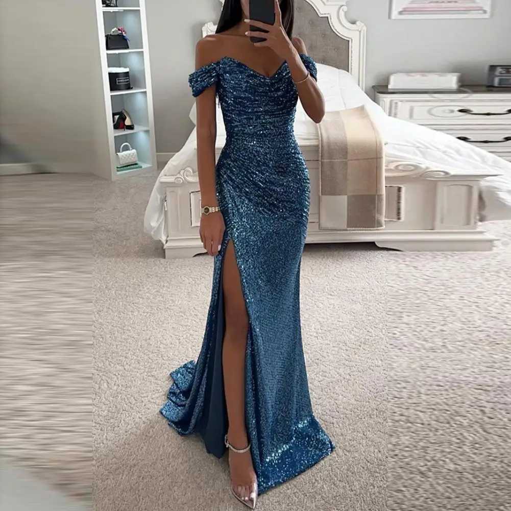 Womens V-neck shoulder long skirt with sequined pleated skirt Sve waist tight evening dress party dance party dress ultra-thin sexy split style long d