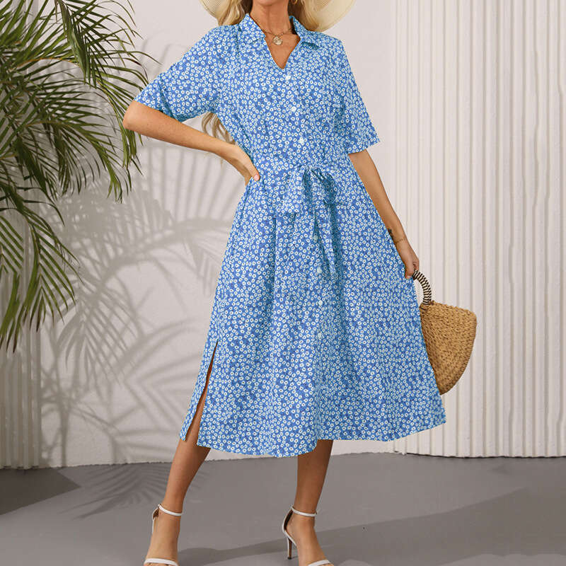 New Printed Dress With Lapel, Short Sleeved, Ral Mid Skirt, Temperament For Commuting, European And American Style, Fashionable Quality, Classic