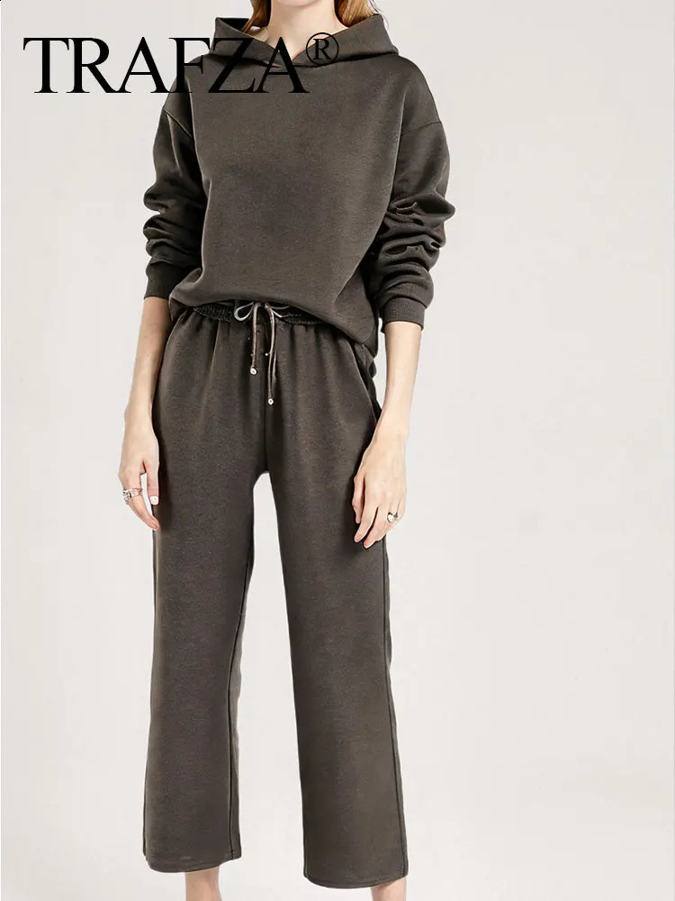 TRAFZA Trendy Solid Sweatshirt Set For Women Long Sleeves Causal Hooded SweatshirtDrawstring High Waist Straight Pants 241217