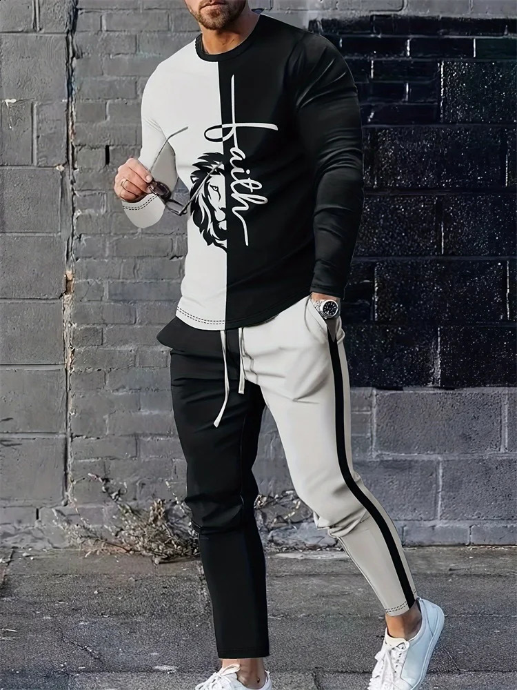 Spring And Autumn Mens Daily Casual Long-sleeved T-shirt Street Fashion Mens Pants Outdoor Sports Men 3D Dragon Print Set 241217