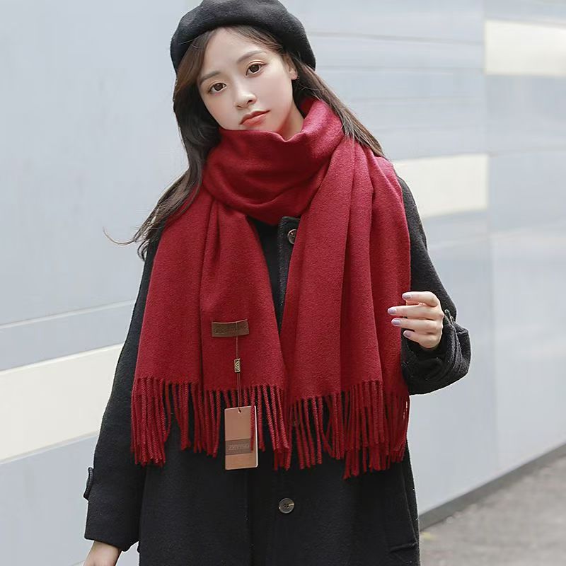 T008 solid color wool scarf female new autumn and winter thickened versatile Korean style versatile new cashmere warm neck scarf