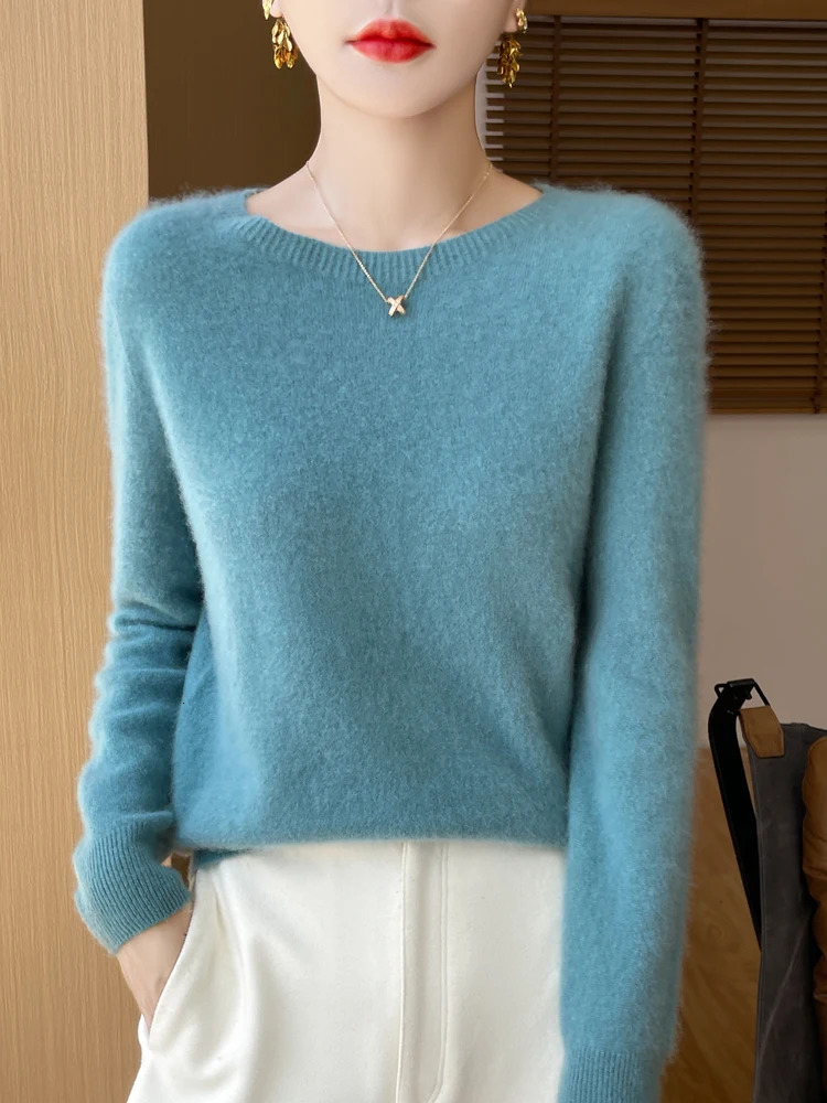Autumn Winter Women Clothing O-Neck Pullover 100% Merino Wool Sweater Fashion Cashmere Tops Bottoming Long Sleeve Knitwear 241217