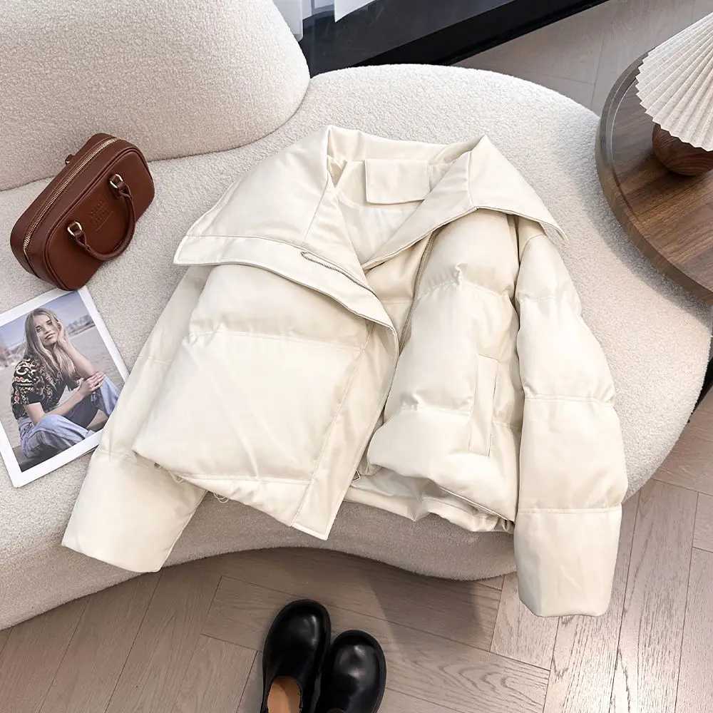 Winter PU leather collar cotton jacket suitable for women Quran style long sleeved lightweight warm short sleeved fashionable womens top M241218