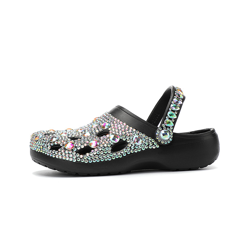New Thick-soled Rhinestone Hole Shoes Handmade Diamond-encrusted Casual Sandals Outdoor Slippers Two Wear For 2025 Spring Summer
