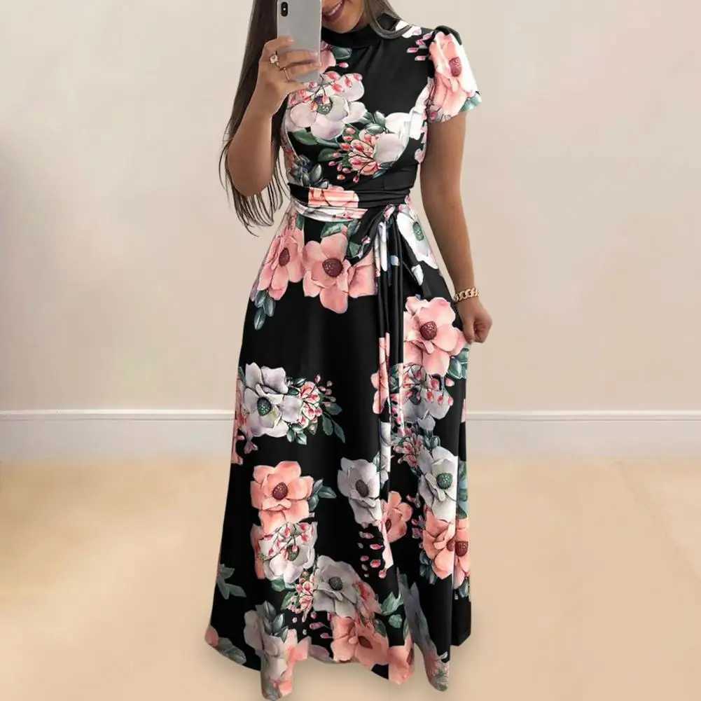 Womens Floral Print Dress Loose Fit Printed Dress Floral Print Maxi Dress with Mock Collar Belted Waist Womens A-line for Summer W241218