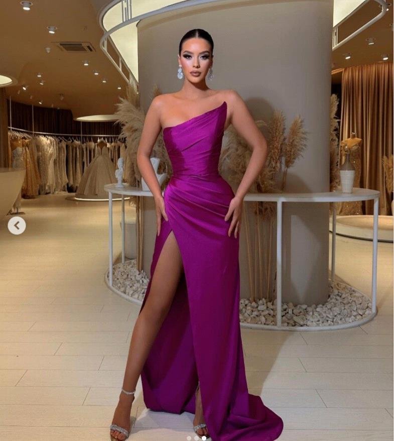 Stunning Grape Purple Split Evening Dresses Mermaid Strapless Satin Long Women Party Ocn Gowns Prom Dress Bc16295 6660311