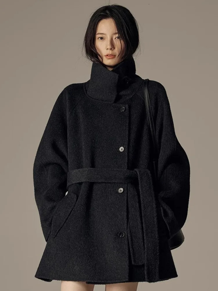 DFDG Autumn And Winter Mid To Long Waistband Single Breasted Stand Up Collar Cashmere Woolen Coat For Women 241217