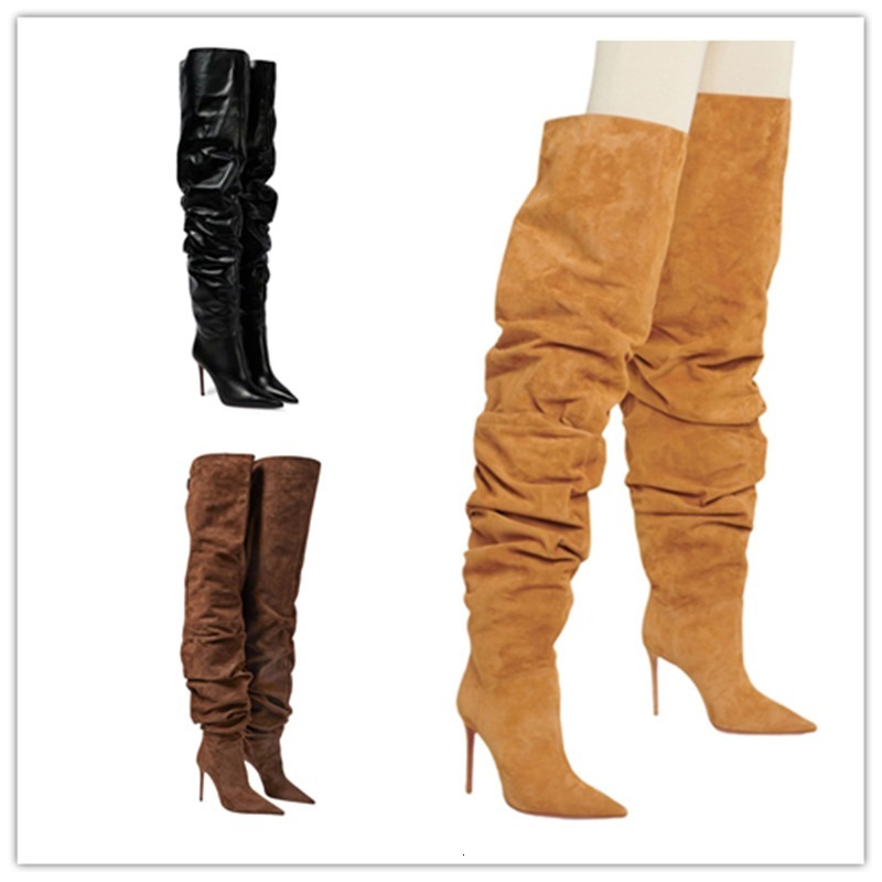 European American Autumn And Winter High-Heeled Pleated Knee High For Women, Fashionable Pointed Sleeve Stacking Boots
