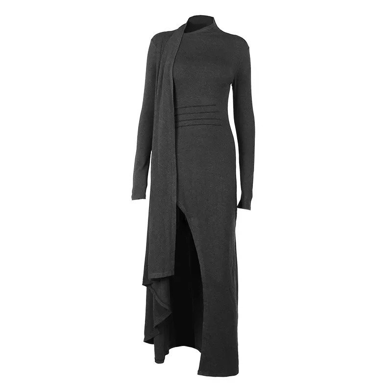 Asymmetrical Knit Long Dresses for Women Winter Fashion Kendall Outfits Gray Black Sexy Sleeve Slit Dress 241218