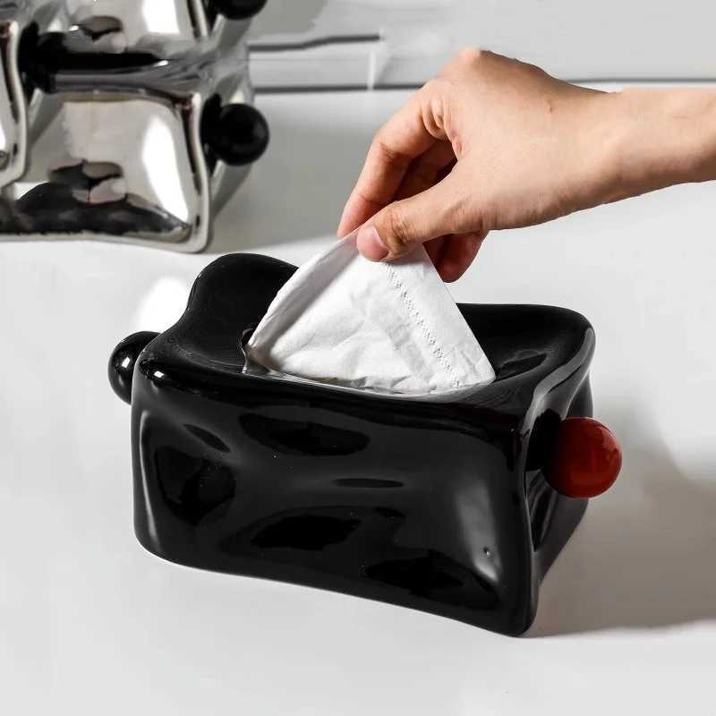 Ceramic tissue box with silver pleats Geely sphere black ball paper towel rack napkin holder desktop storage container Y241218