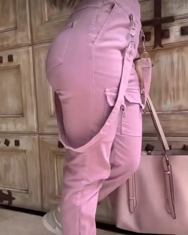 Womens Cargo Pants Casual Trousers Spring Autumn Solid Color Trend Street Pocket Cuff Suspenders Streetwear Women 241217