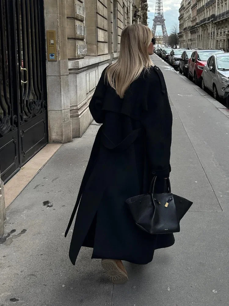 Womens oversized loose double button lapel coat fashionable black wool long coat with autumn street womens coat 241211