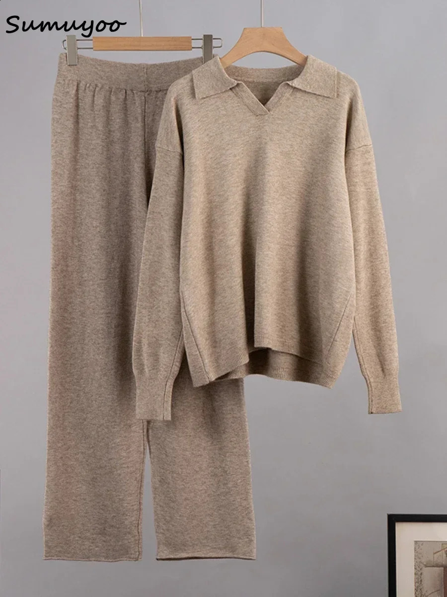 Sumuyoo Winter Thick Womens Knitted Set Cashmere Soft 2-piece Set Womens Polo Neck Sweater and Wide Leg Pants Knitted Set 241217