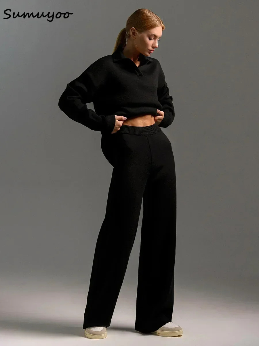 Sumuyoo Winter Thick Womens Knitted Set Cashmere Soft 2-piece Set Womens Polo Neck Sweater and Wide Leg Pants Knitted Set 241217