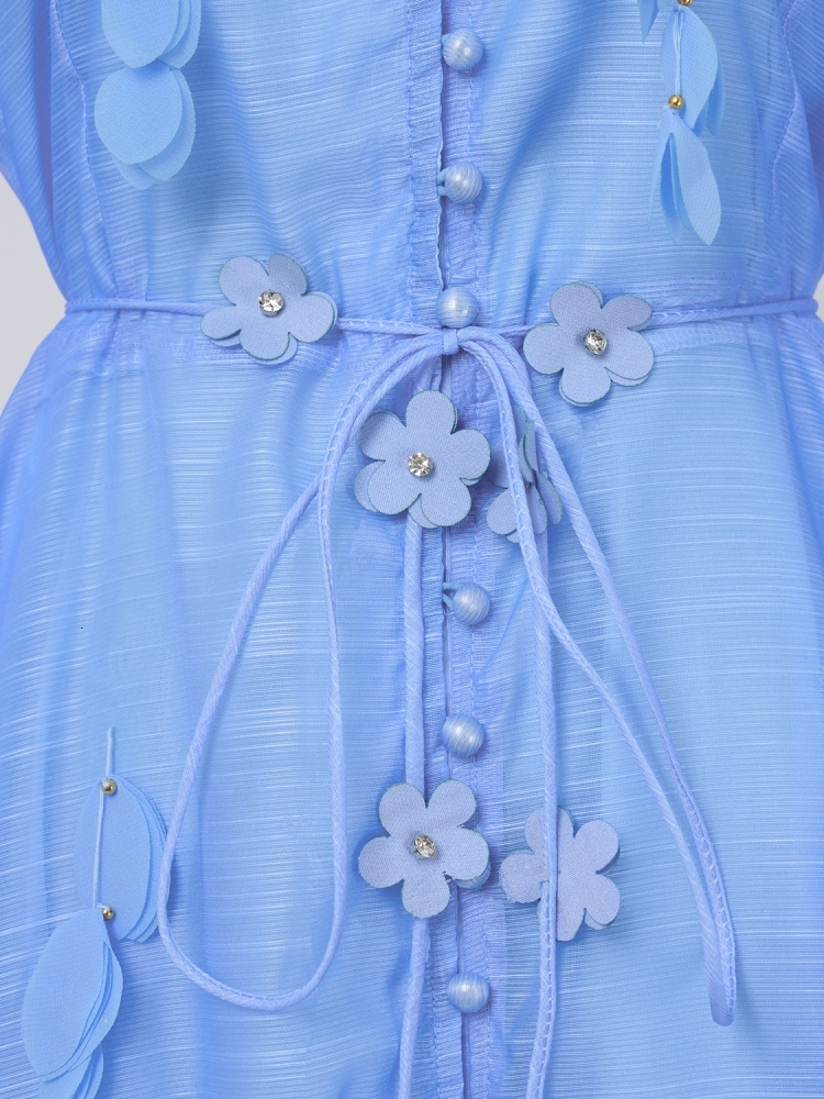2025 Spring Summer Holiday Beading Tassels Splice Organza Loose Dresses Women's Stand Lantern Sleeve Ral Lace Up Vestidos